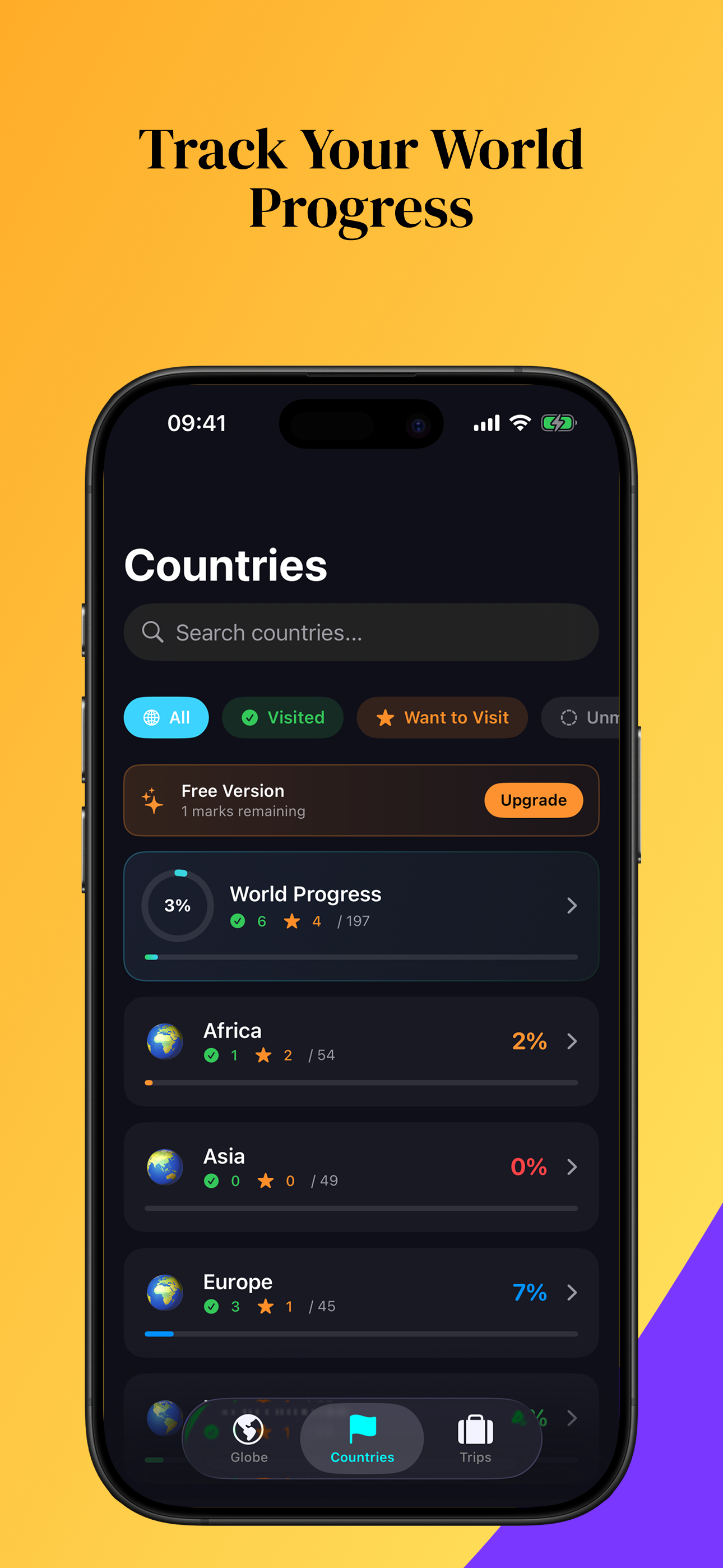 Worldmarks app: custom markers for Lived, Transit and Business Trip